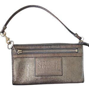 Coach Poppy Gray Metallic Leather Double Zip Clutch Wristlet